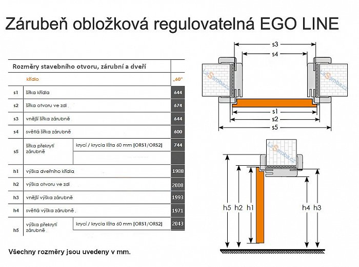 obrázek Zárubeň obložková regulovatelná EGO LINE - Bílá B134, pravá "60", rozsah C) 120-139 mm