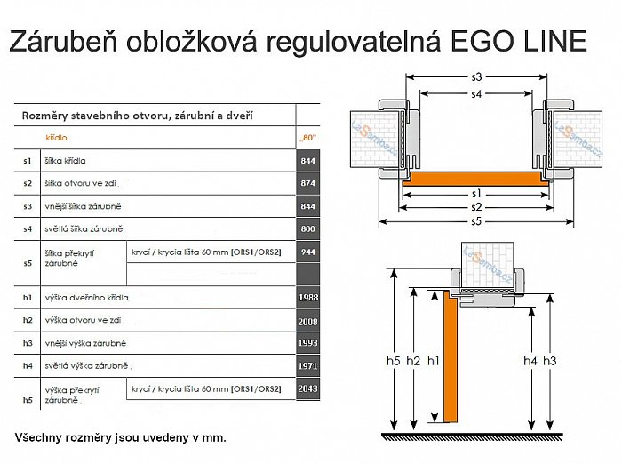 obrázek Zárubeň obložková regulovatelná EGO LINE - Bílá B134, pravá "80", rozsah C) 120-139 mm